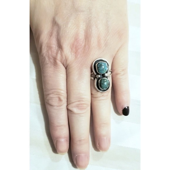Vtg Navajo Double Nugget Turquoise Statement Ring 925 Sterling Silver Sz 7 - Picture 15 of 16